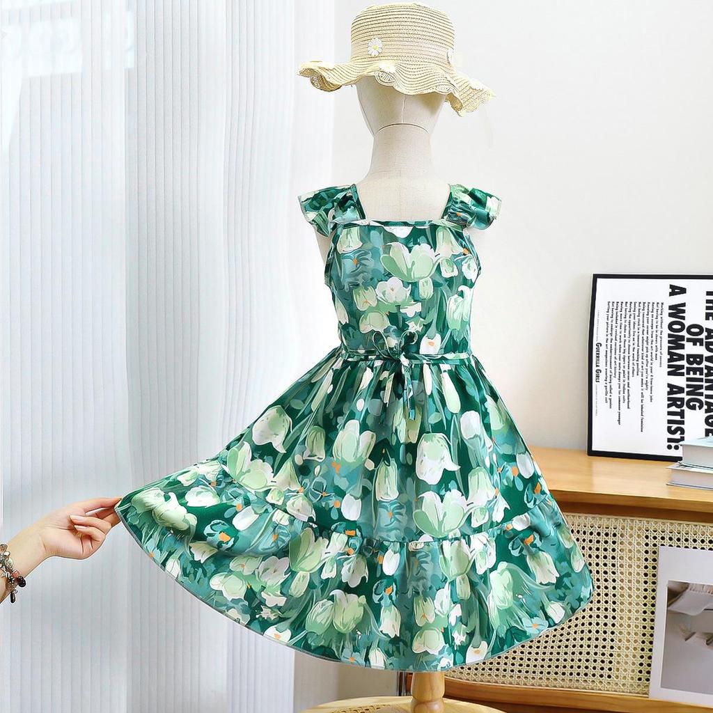 Girls' Floral Princess Dress - Fresh Mori Style with Thin Straps