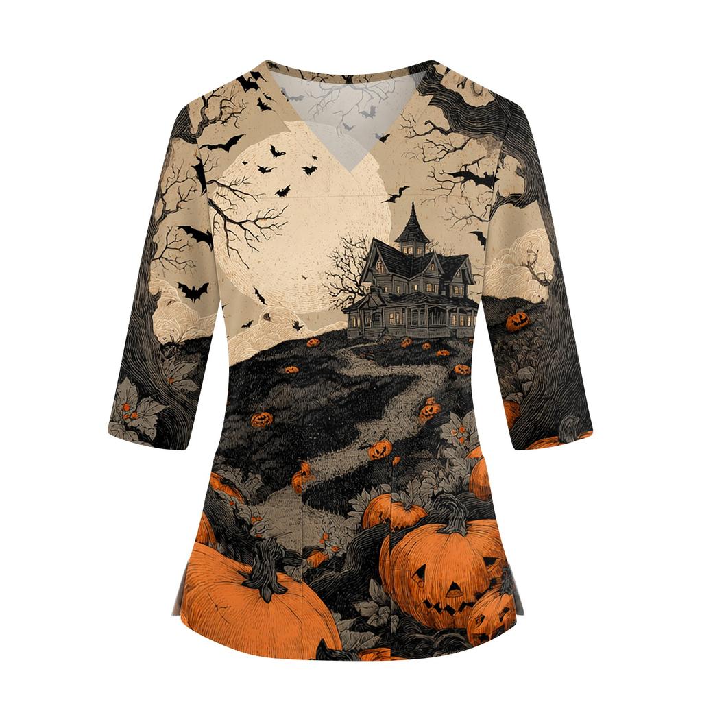Women's V Neck Costume Top with Pockets Side Slits 3/4 Sleeves Halloween Print for Party