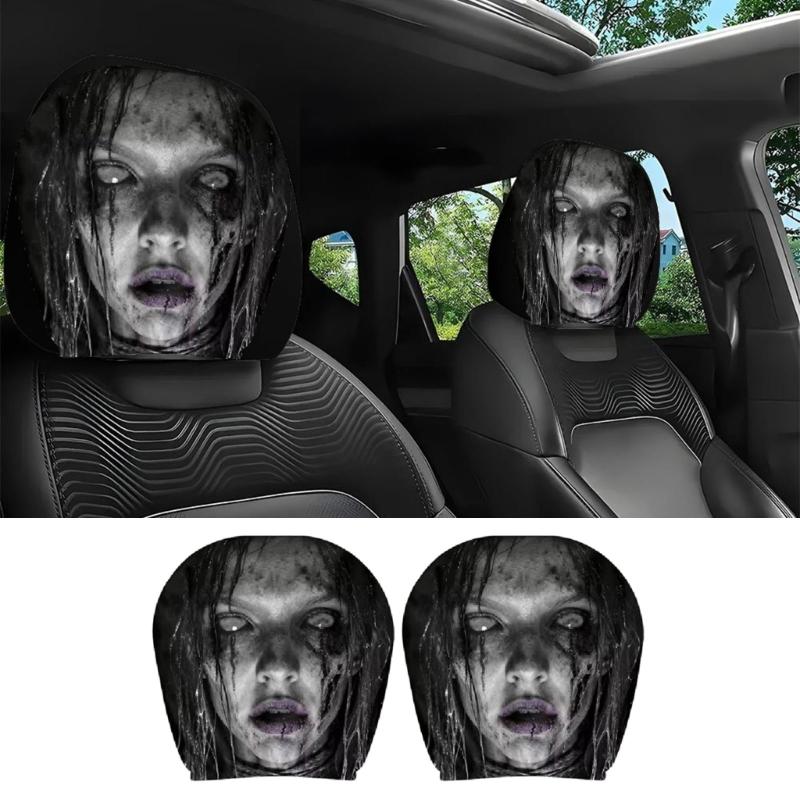 2Pcs Polyester Car Headrest Covers Halloween Horror Artwork, Decorative Covers Vehicle Headrests Protector for Interior Styling
