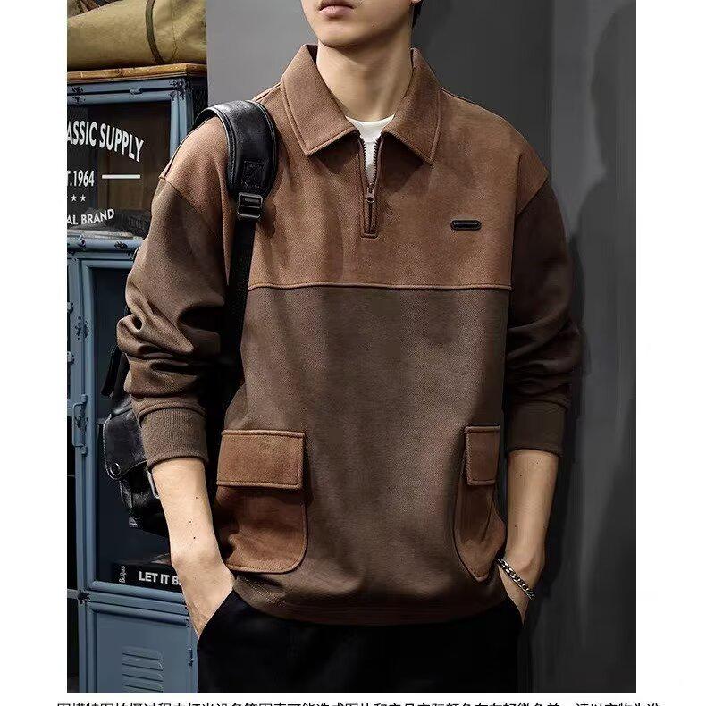 Men s Trendy Patchwork Zipper Lapel Hoodie (Spring/Autumn Collection) XL коричневый