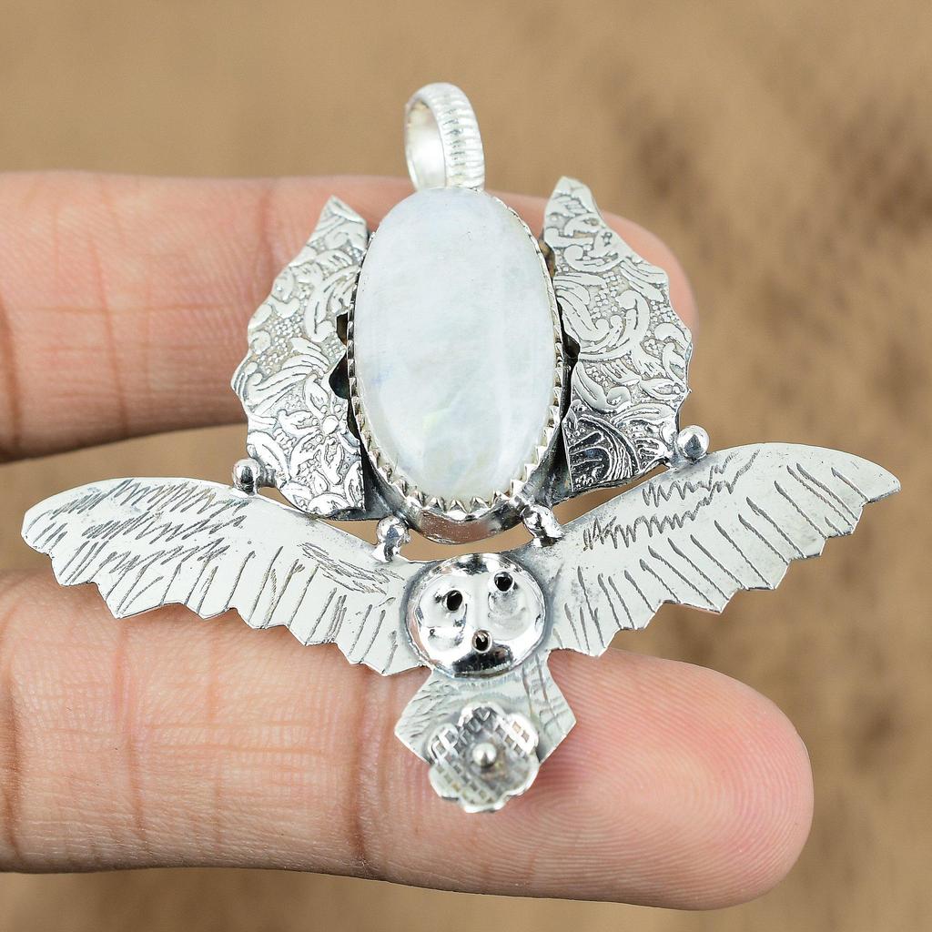 Natural Rainbow Moonstone Gemstone Pendant Owl 925 Sterling Silver For Girls
