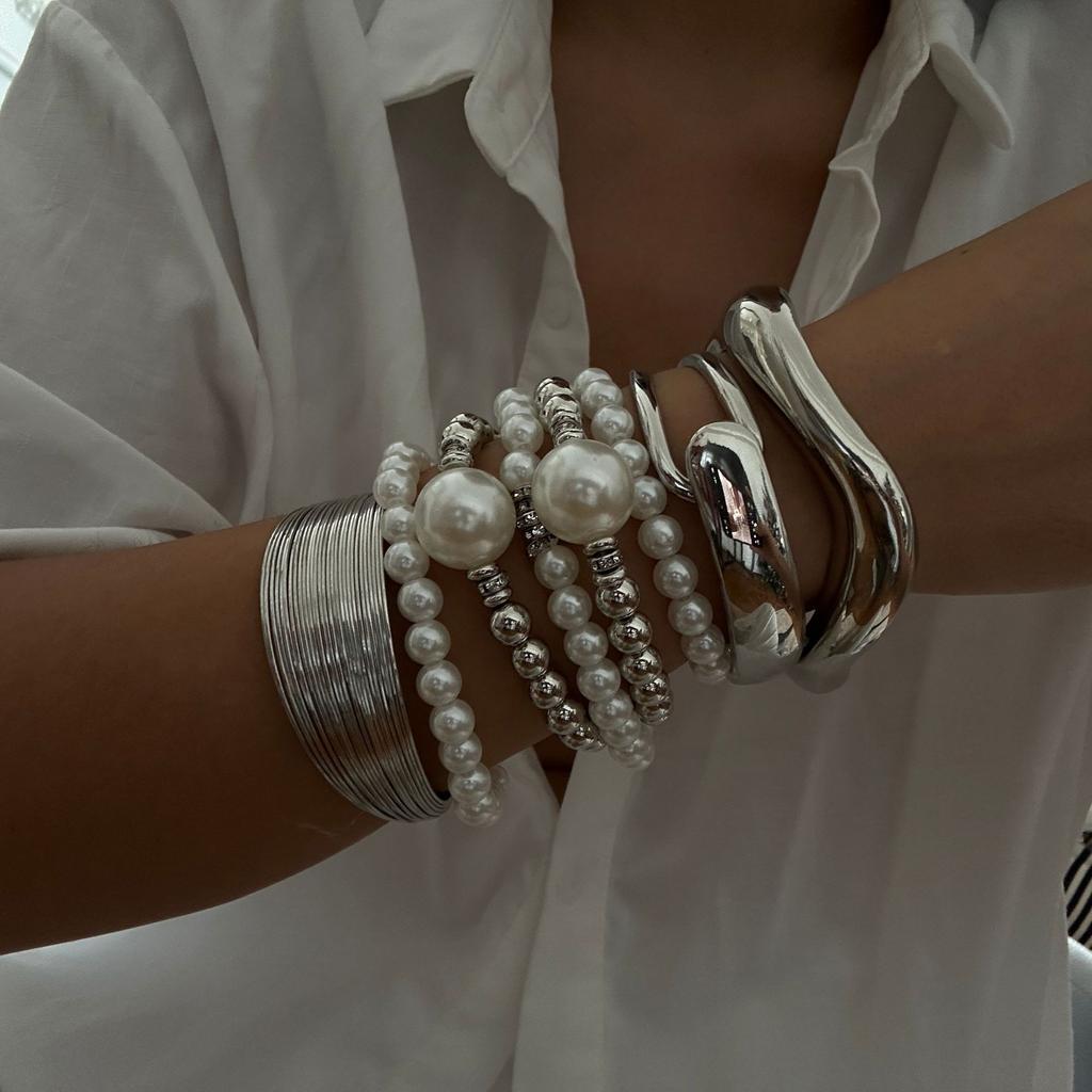 Vintage Pearl Wide Cuff Bangles Men Hip Hop Punk Silver Color Geometric Spring Bangles For Women Bracelet Jewelry