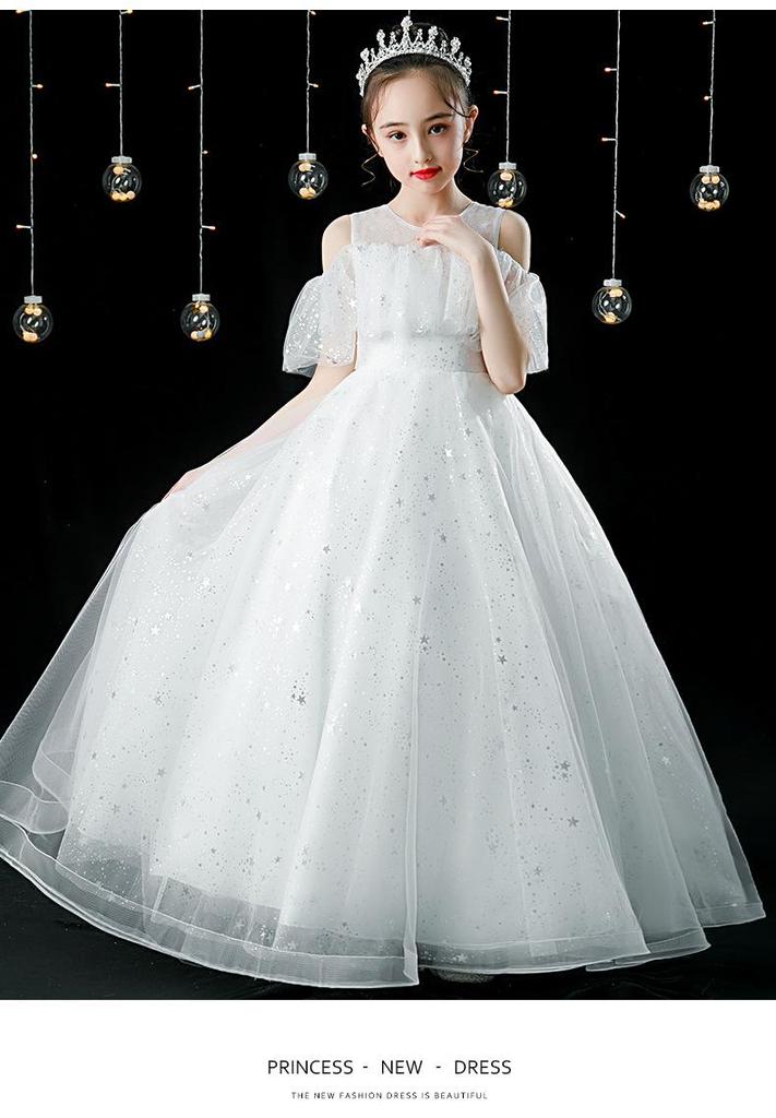 Elegant Girls' Long Formal Champagne Dress for Summer Piano Performance