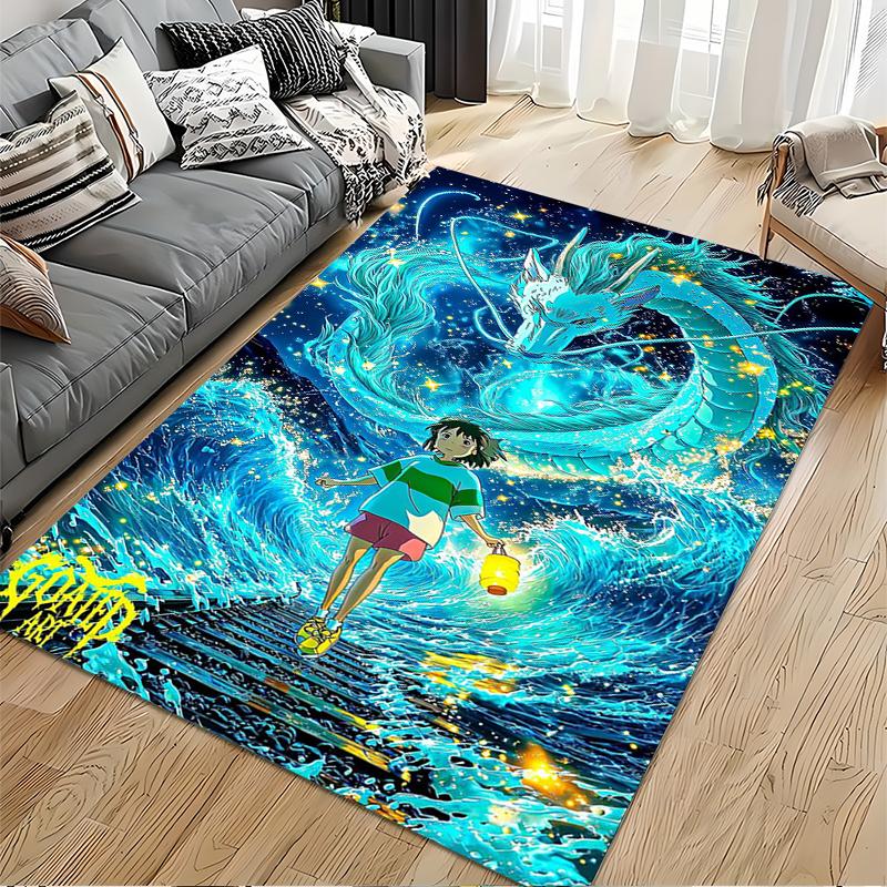 Area Rug, Spirited Away Haku Dragon Blue Waves Chihiro Lantern Night Print, Playroom Decor, Non-Slip Mat