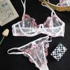 Dámská sexy krajková květinová souprava podprsenky Jednovrstvá podprsenka s kosticemi Tanga Bikini Lingerie Set