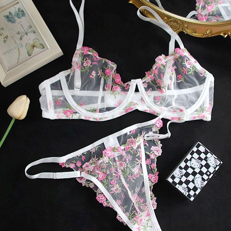 Dámská sexy krajková květinová souprava podprsenky Jednovrstvá podprsenka s kosticemi Tanga Bikini Lingerie Set