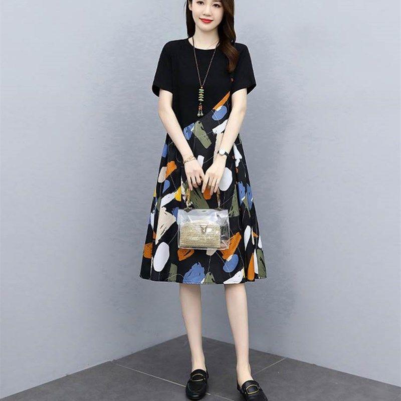 

2023 Summer Women Loose Casual Print plus Size Dress Dresses Black XL