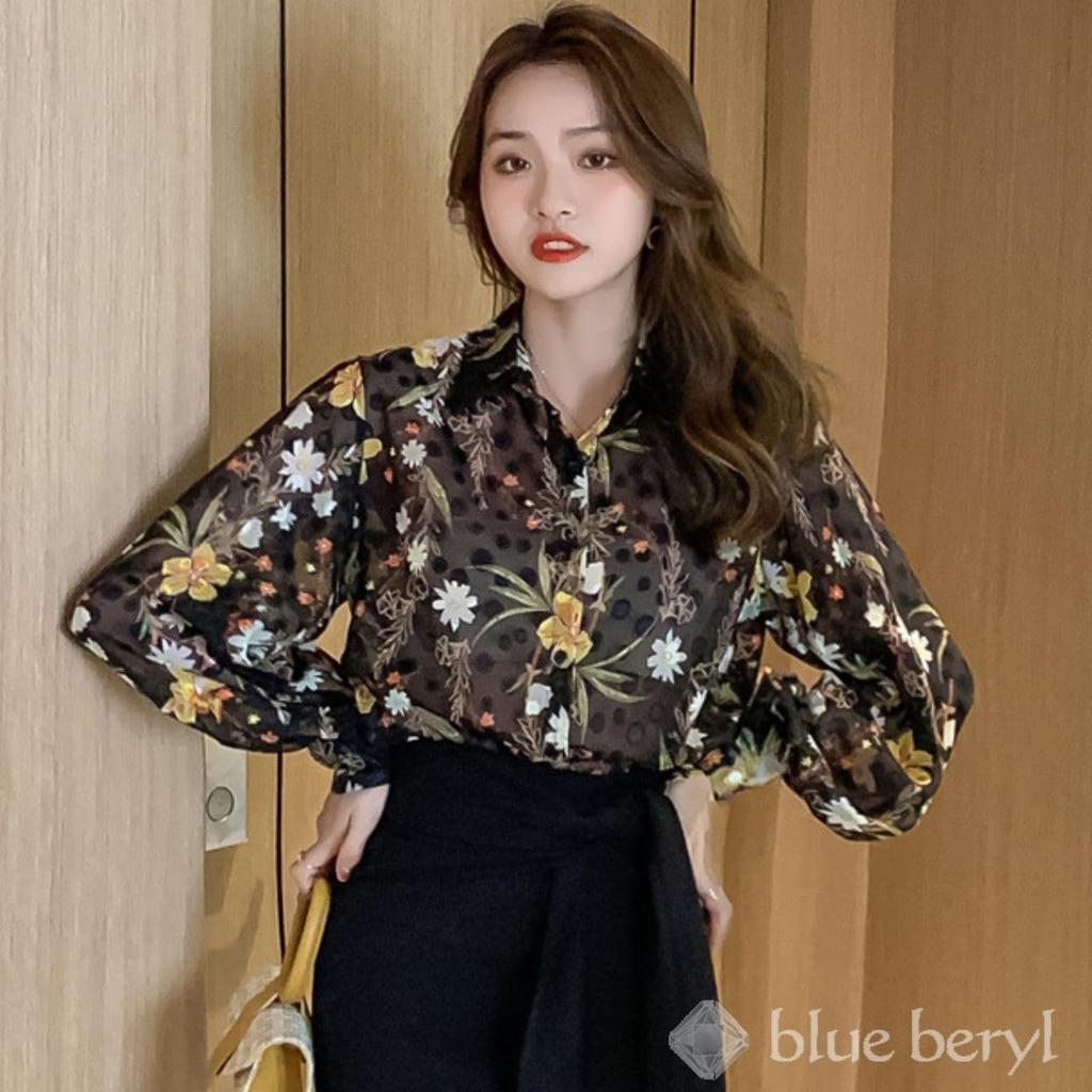 Bluse aus blauem Beryll-Chiffon mit Blumendruck und Tupfen, Puffärmel lang, Standard locker, Damenmuster, Ärmel, Ärmel, Durchsichtig, Farbe, Passform, BB068-BK-XL