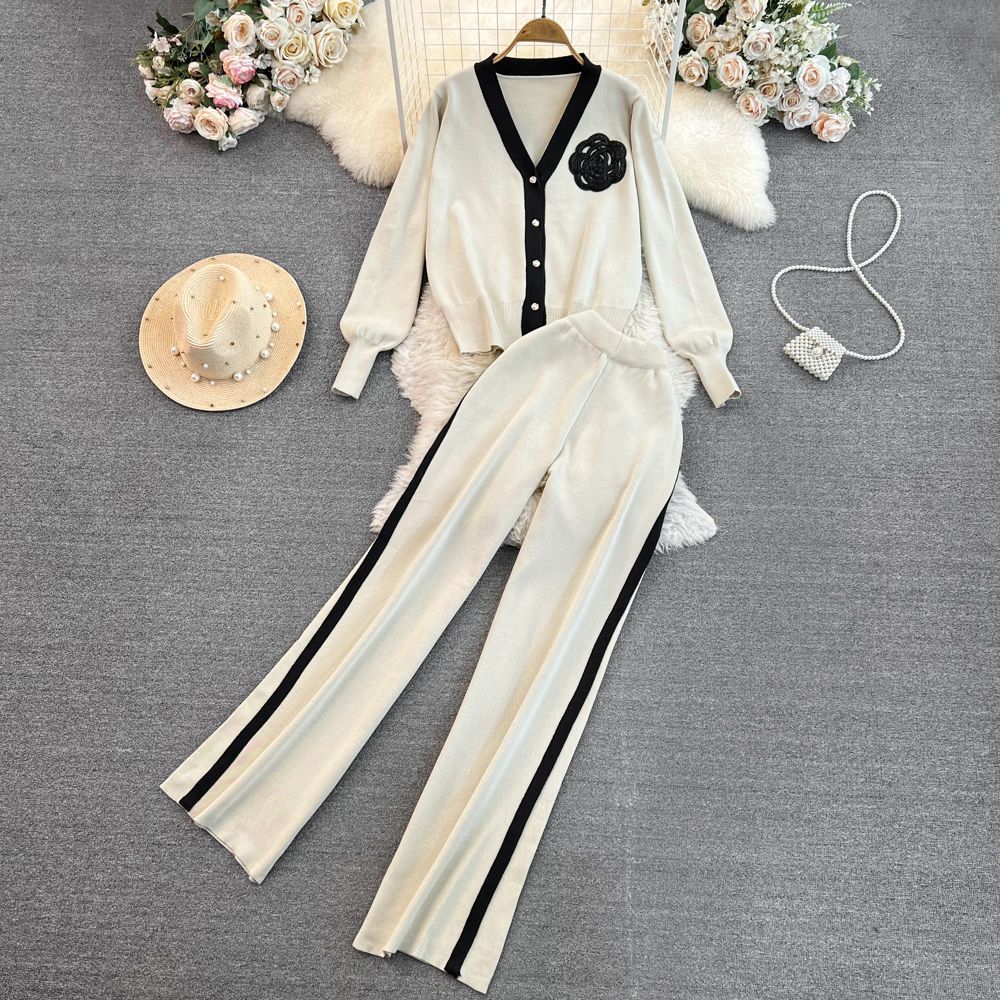 JPNTKY Fashion Set: Long-sleeved, Contrasting Color, V-neck Knitted Cardigan, Two-piece Set, High-waisted, Straight-leg, Wide-leg Pants