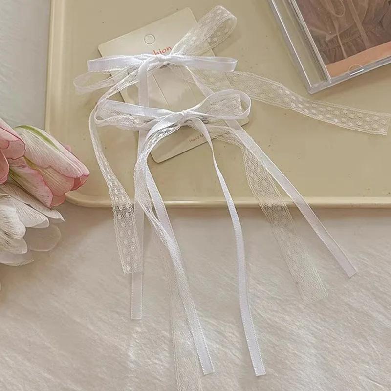 Summer Sweet Cute White Lace Ribbon Bow Hair Clip for Women Girls Hairpins Long Ribbon Barrettes Fashion Headwear Accessories