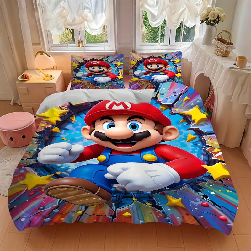 3pcs bedding set Mario Adventure Includes 1 Comforter + 2 Pillowcases, Without Pillow Inserts, Soft Comfortable,a0909172