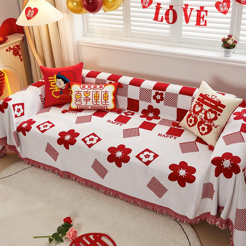 Festive Red New Year Sofa Cover Cloth Towel Full Cover Four Seasons Universal Non-Slip Leather Sofa Cushion Wedding Room Cover