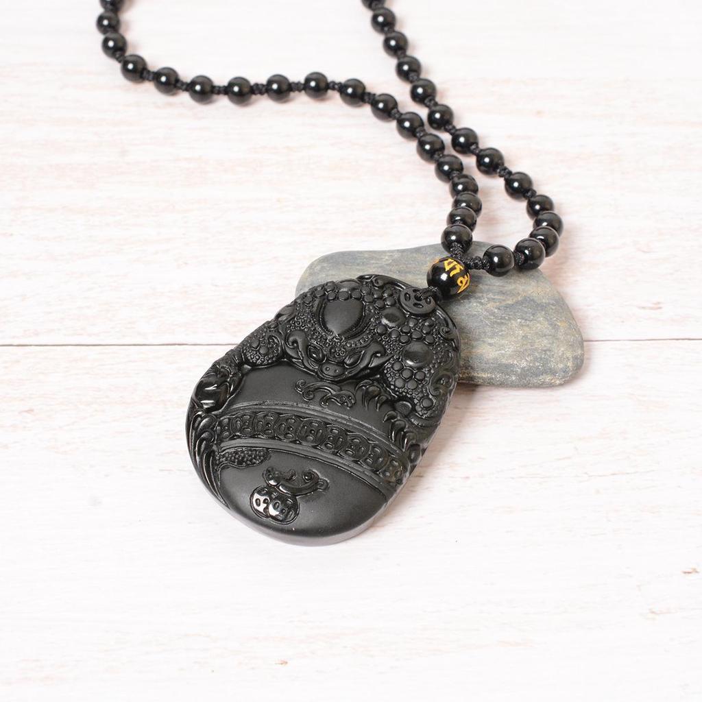 Natural Obsidian Tripod Golden Cicada Money Toad Pixiu Pendant Necklace