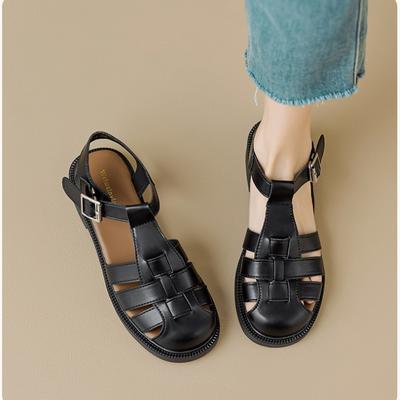 Retro Round Head Woven Versatile Thick-soled Thick-heeled Roman Sandals Women's Summer Minimalist Wind Breathable Bag Head Empty Pig Cage Shoes