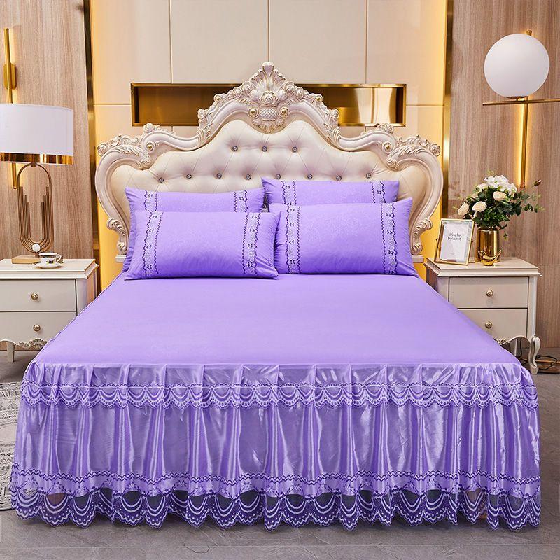 3pcs Bed Skirt Set (Bed Skirt * 1+pillowcase * 2, Without Core),Solid Color Double-Layer Lace Bed Sheet Bedspread, All Season Universal Bedding Set