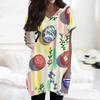 Womens Tops V-neck Short Sleeve Blouses Casual Mid-length Shirts Fashion Print Tunic Tops With Pockets