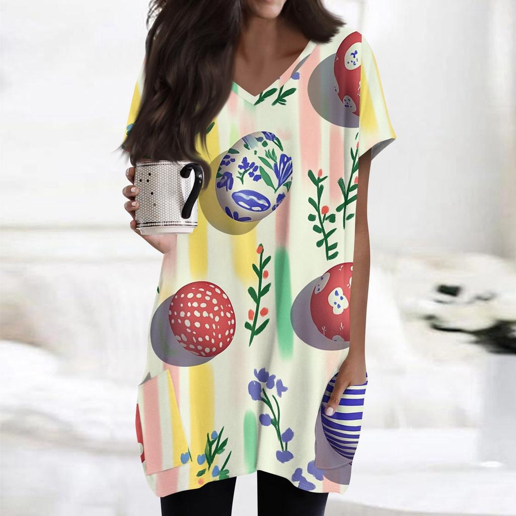 Womens Tops V-neck Short Sleeve Blouses Casual Mid-length Shirts Fashion Print Tunic Tops With Pockets