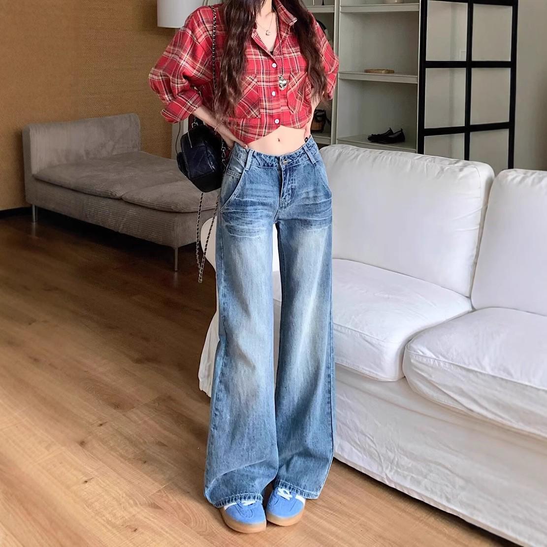 

Женские джинсы деним синего цвета больших размеров с высокой посадкой и микро-клешем - Ретро дизайн с широкими штанинами для ранней осени и зимы L синий