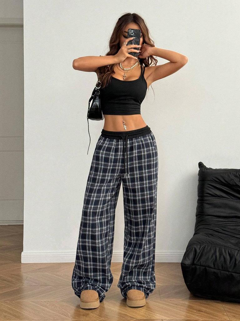Loose Relaxed Fit Straight Cut Pinstripe Patchwork High Waist Draped Casual Athletic Pants