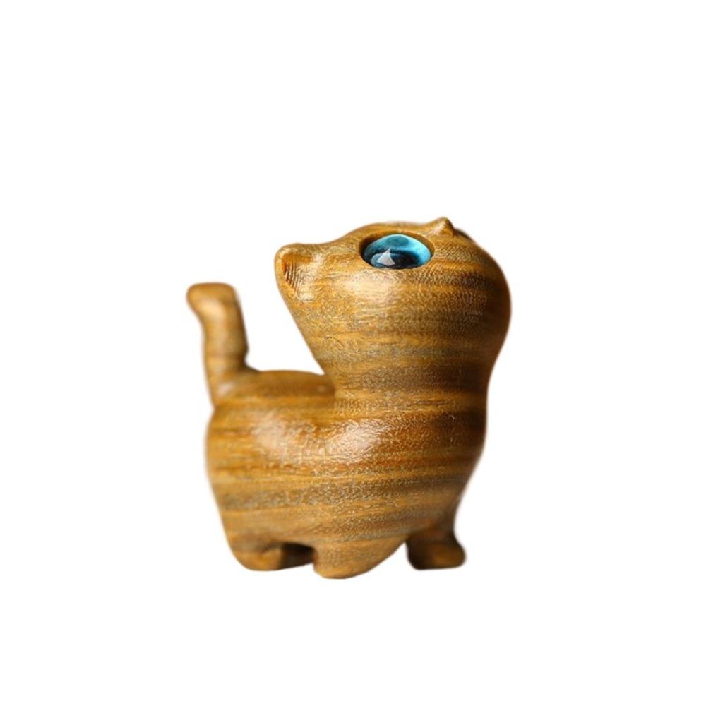 Sandalwood Cat Desktop Figurine Kawaii Animal Sculpture Office Figurine Animal Doll Toy  Home