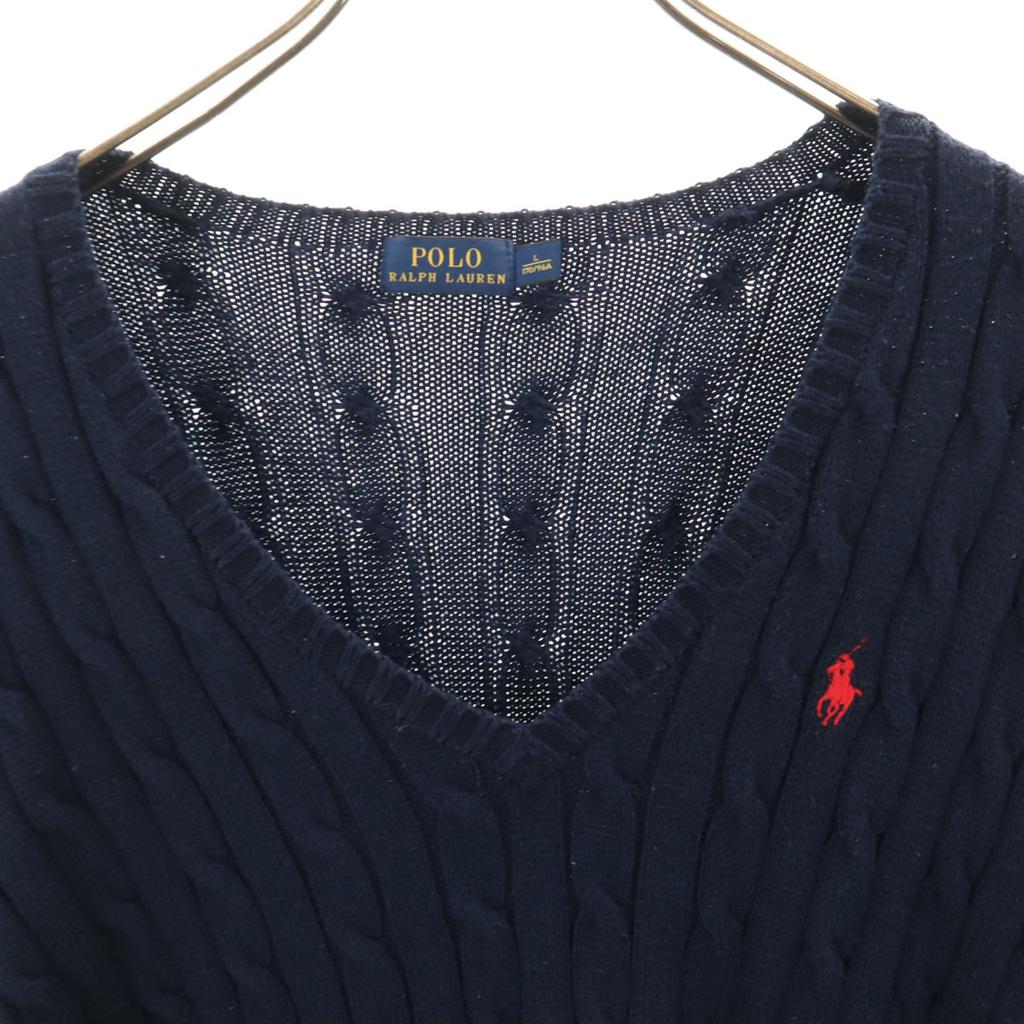 POLO RALPH LAUREN Long sleeve V-neck cable knit L Navy sweater Men's Used
