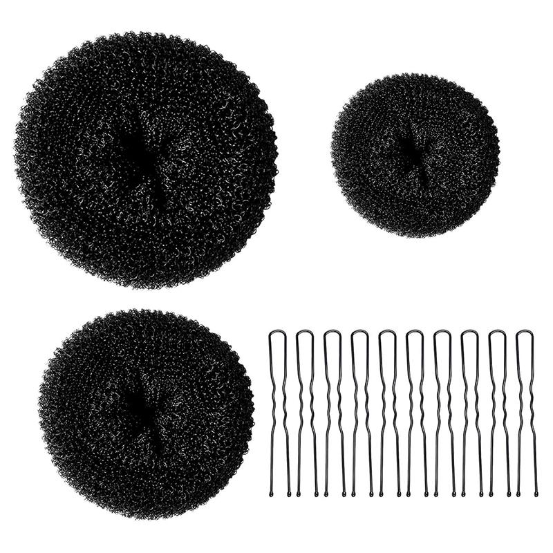 

Набор валиков для волос, 3 шт. (1 Большой, 1 Средний, 1 Маленький), 10 шпилек, подставка для волос для быстрой прически «пучок» чёрный