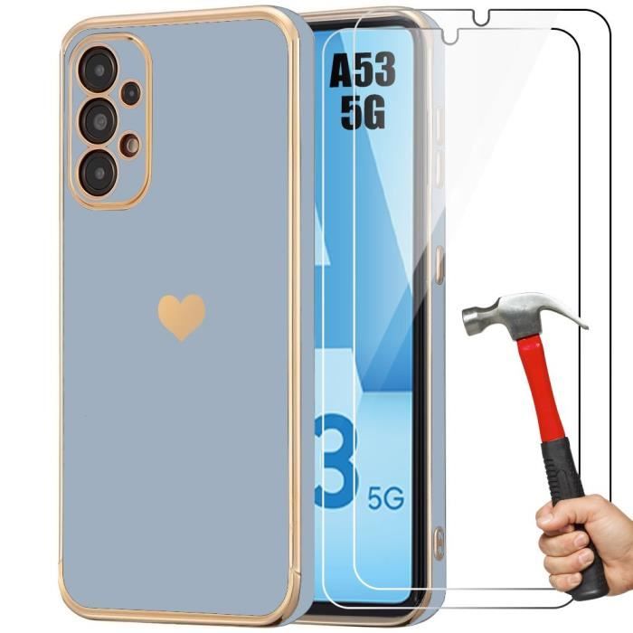 Coque + Verres Trempés - Booling - pour Samsung Galaxy A53 5G - Antichoc - Motif Cœur Doré - Bleu