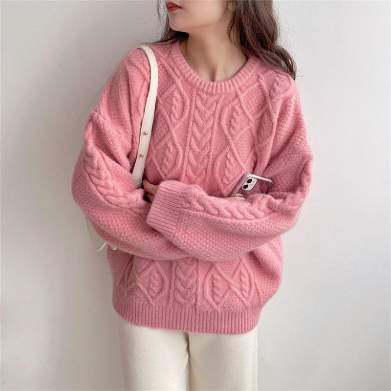 Women Knit Sweaters Thick Full Sleeve Round Neck Casual Sweater Pullover Elegant Ladies Solid Winter Slight Strech Sweaters