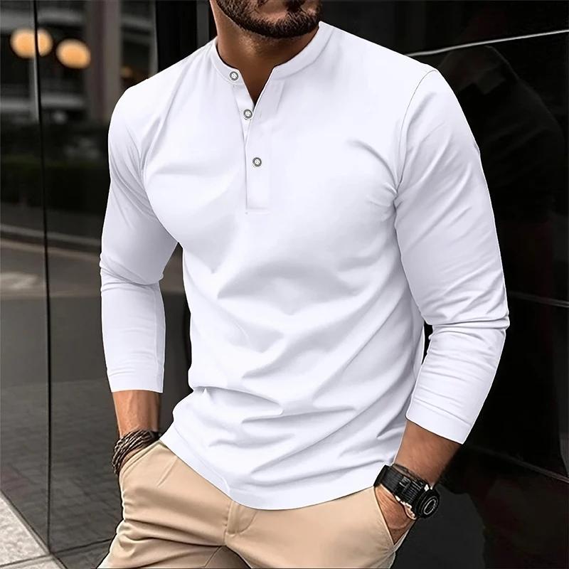 Polyester Fabric Fashionful Casual Outdoor Men's Long Sleeve 3-Button T-Shirt with Solid Color Design Basic Style Comfortable