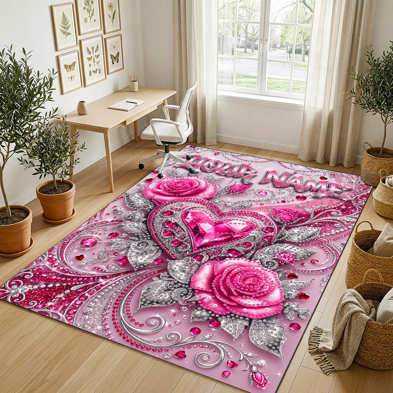 Floral Garden Theme Crystal Velvet Rug Personalized Custom Name Text Soft Floor Mat Home Decor