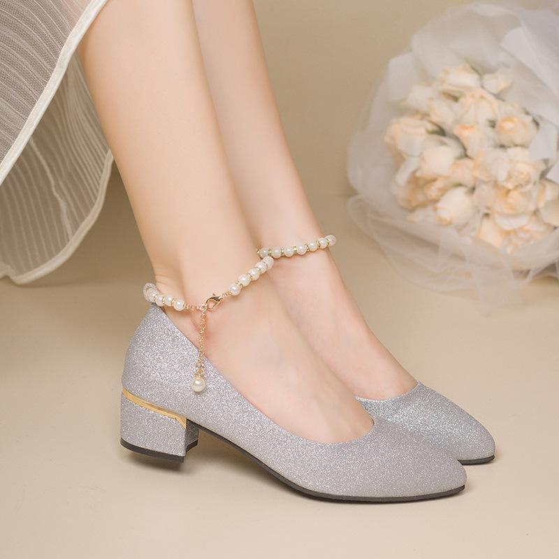 Fashion Women Wedding High Heel Shoes Silver Gold 2025 Spring Ankle Strap Crystal Shallow Chunky Block Heel Pumps Lady Plus Size