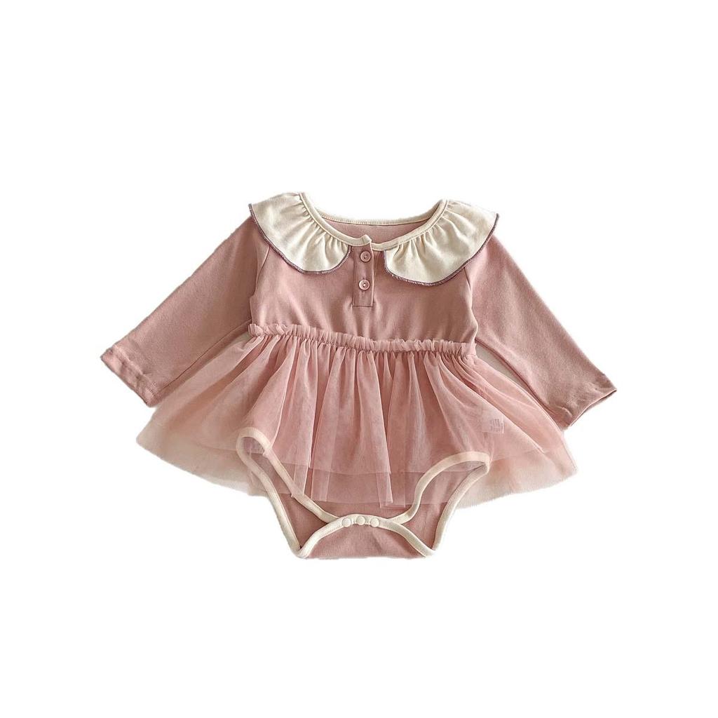 New Autumn Baby Girls' Long Sleeve Romper with Peter Pan Collar Mesh Bodysuit