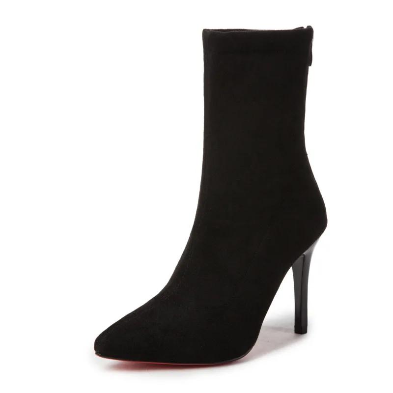 Fashion 2025New Women Sexy Boots Autumn Red Bottom Thin High Heels Pointed Toe Solid Black Suede Fashion Ankle Boots