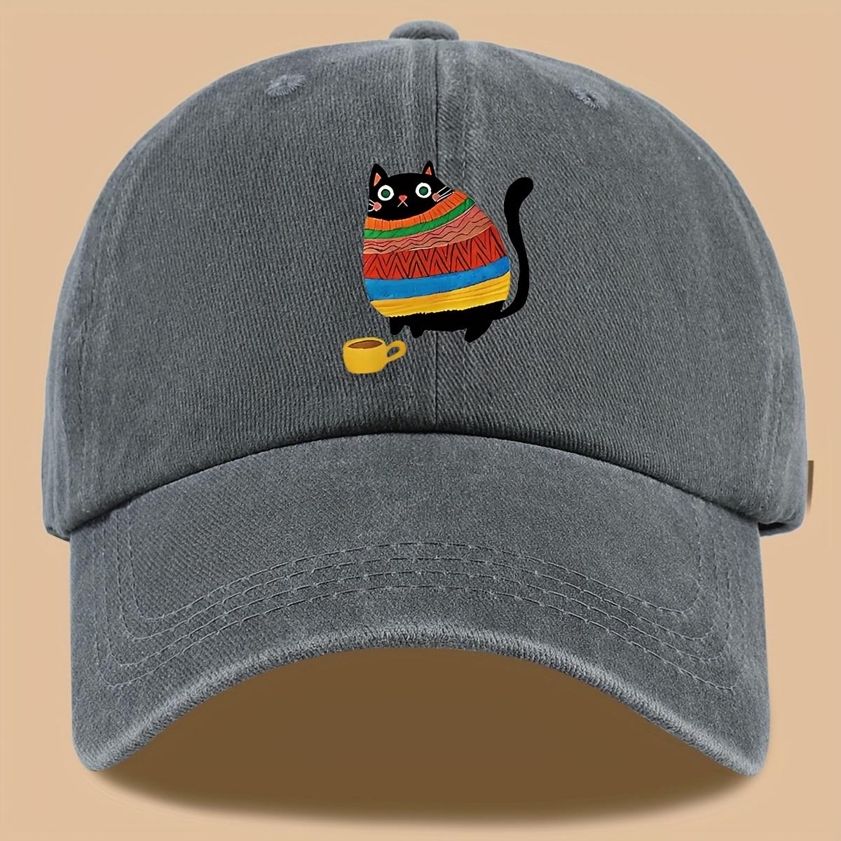 

1pc Lightweight Breathable Cat Print Baseball Cap Adjustable Strap Vintage Washed Black with Colorful Striped Cat Design One Size