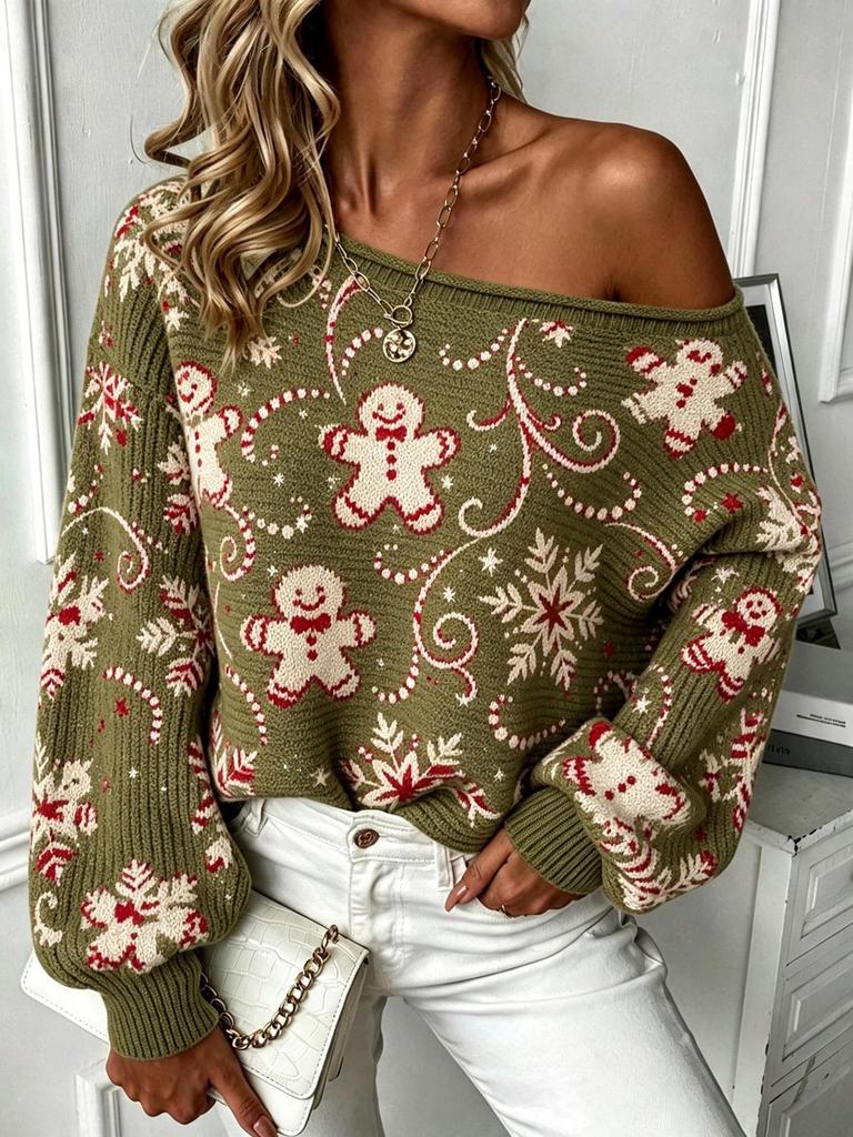 Cozy One-Shoulder Long Sleeve Knit Sweater for Women - Warm Christmas Autumn/Winter Style 2026