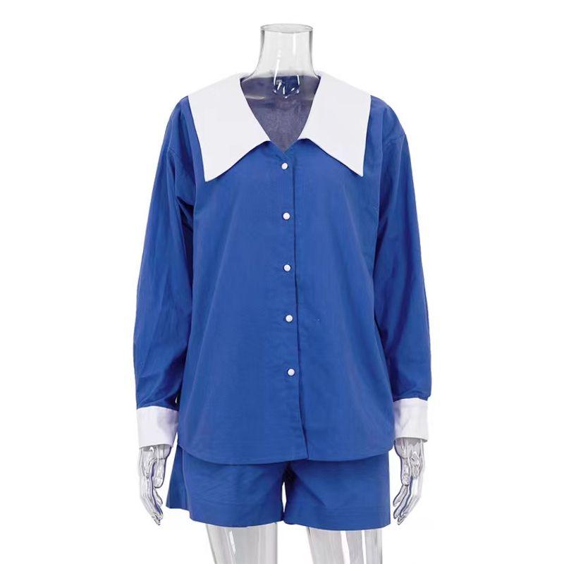 

Western Style Contrast Color Long sleeve Shirts Shorts Set Long Sleeve Shirt and Shorts Set Blue S