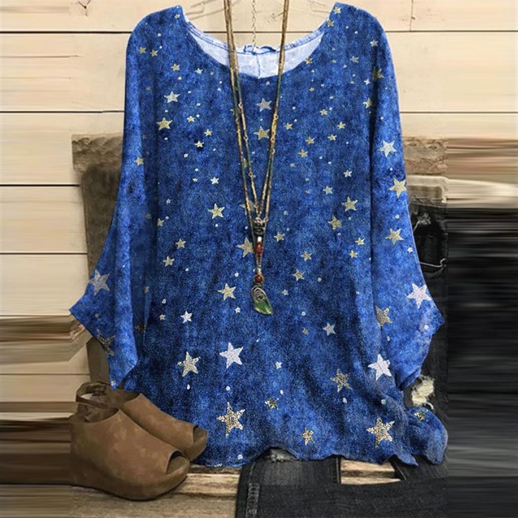 Módní dámské tričko s kulatým výstřihem s potiskem ležérní volné vintage pulovry