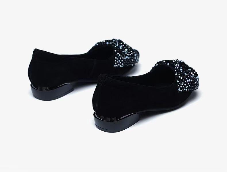 Spring 2025 Rhinestone Bow Low-Cut Women's Flats, Pointed Toe Slip-On Work Shoes with Chunky Heel