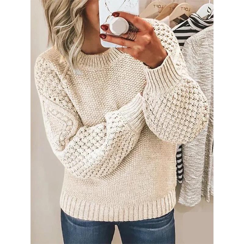 Women's Long-Sleeve Round Neck Cable Knit Pullover Sweater – European & American Fashion