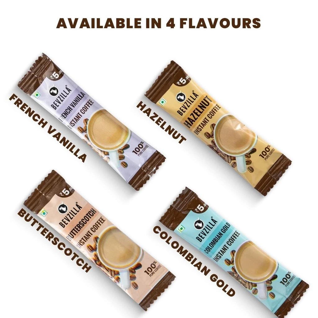 Bevzilla Instant Coffee Powder - 48 Sachets | 12 Sachets Each Flavour|