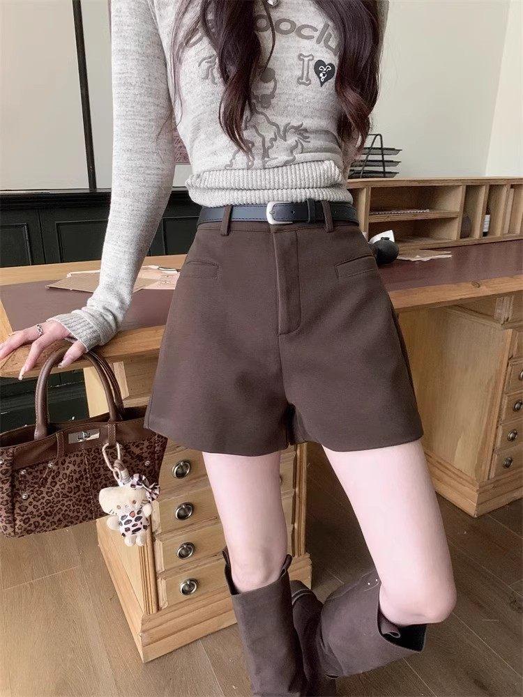 

2026 Autumn Plus Size Women s High-Waist Wool Suit Shorts - Loose Bootcut Style L коричневый