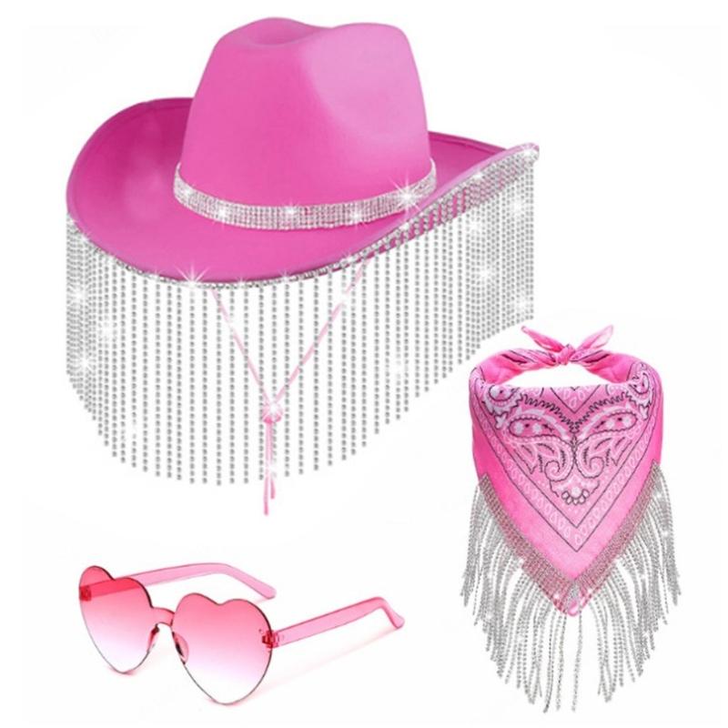 Stylish Cowgirl Hat Wide Brim Cowboy Hat with Square Neck Scarf & Glasses for Bachelorette Parties and Costume Event