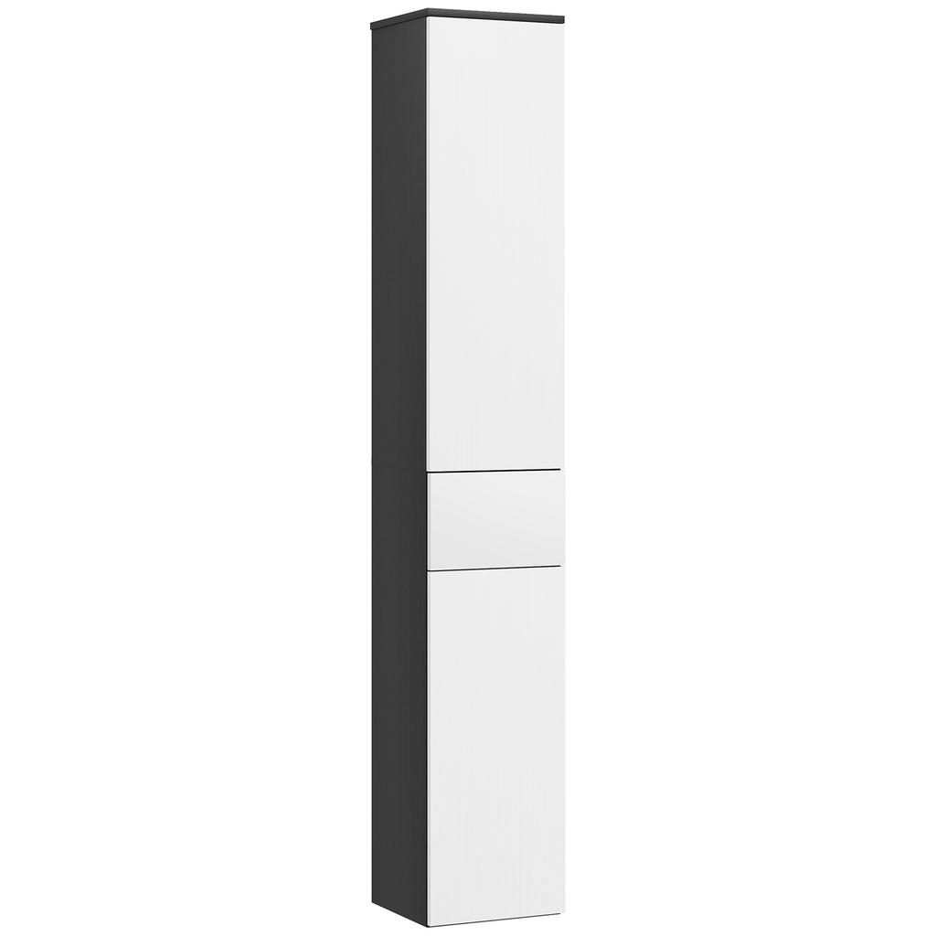 Space-Saving Bathroom Column in Wood with 2 Cabinets and Drawer, 30x28x180 cm, Black
