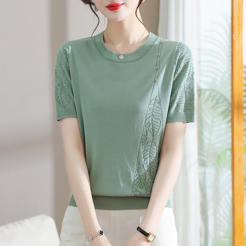 Mom s Summer Ice Silk Short-Sleeve Top for Middle-Aged Women 110 серый/зелёный