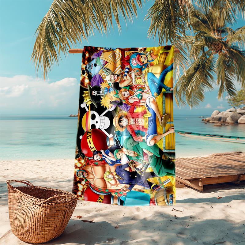Classic Japanese Element Cartoon ONE PIECE Monkey D. Luffy Beach Towel Outdoor Camping Vacation Swimming Beach Towel Outdoor Absorbent Bath Towel Y12