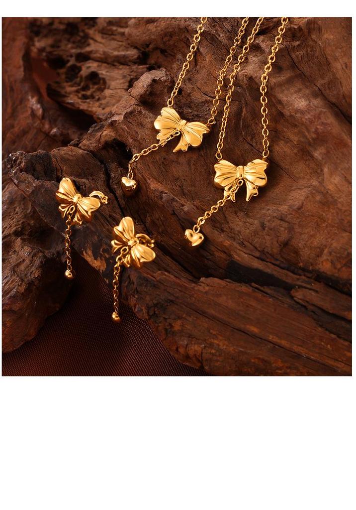 Heart-shaped Tassel Bow Necklace & Titanium Steel Earring Set