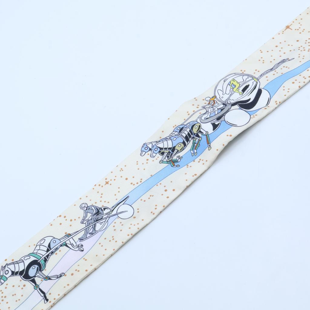 HERMES Space Derby Silk 100 Twilly scarf whiteUsed