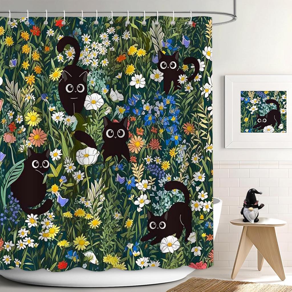 Cute Cat Shower Curtain For Bathroom Decor, Funny Bathroom Curtain Set, Cat Lovers Cute Cartoon Colorful Waterproof Fabric