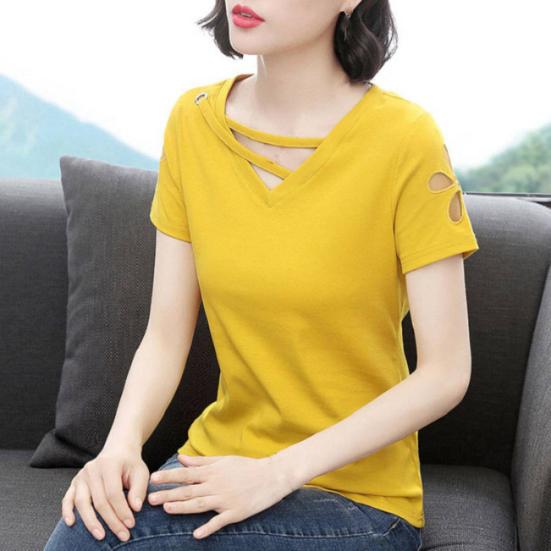 Women T-shirt V Neck Hollow Out Summer Short Sleeve Loose Blouse for