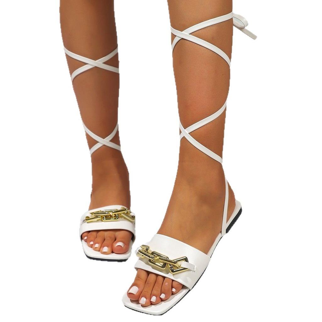Large size flat sandals women's new fashion chain ankle straps women's sandals